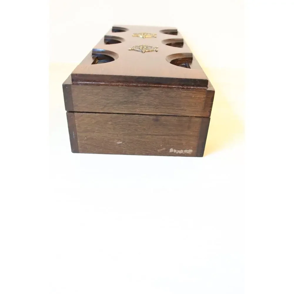 Vintage Nautical Wood Valet Jewelry Box Brass Ship Wheel Inlay Red Felt Lining